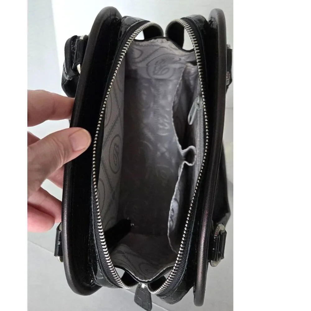 Brighton Black Leather Satchel Croc Trim Rhinestone Filigree Heart Fob Bag